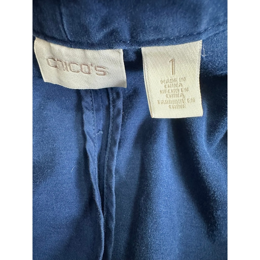 Chico's Military Jacket Women 1 Navy Blue Ruffle Hem Silver Crest Button Blazer - Picture 5 of 9